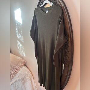 Olive Green Ribbed Knit Sweater Midi Dress